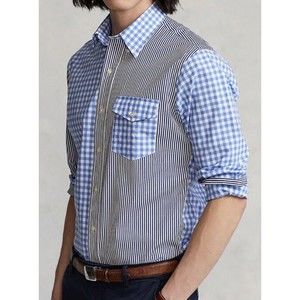 Polo Ralph Lauren Poplin Stripe Check Colorblock Button Down Slim Fit Shirt S